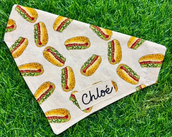 Personalized Hot Dog Bandana with Name, Custom Pet Scarf, Over the Collar Chicago Style, Foodie Gift BBQ, Bark in the Park Baseball Outfit