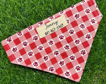 Dog bandana, Name & Phone Number, over-the-collar pet ID scarf, reversible plaid paw-print design, red check, Silent Pet Tag and Reversible