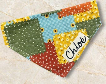 Fall Patchwork Quilt Dog Bandana, Personalized Sunflower Pet Scarf, Over the Collar Autumn Dog Outfit, Custom Name Gift for Thanksgiving