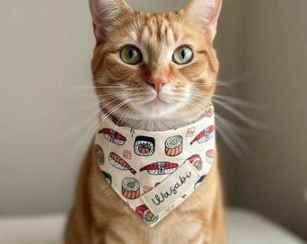 Sushi Print Dog & Cat Bandana, Personalized Name Option, Over the Collar Reversible Cotton Pet Scarf, Custom Sushi Roll Gift for Foodies