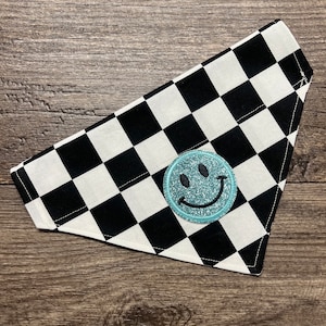 SMILEY FACE BLUE on Black/White Checkered Fabric with sparkly patch Dog Bandana - Over the Collar Style- One Happy Dog-90’s retro party