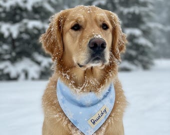Personalized Dog Bandana, Winter Snowflakes, Easy Slip Over the Collar Dog Scarf, Custom Name Pet Gift, Blue Holiday Christmas Accessory