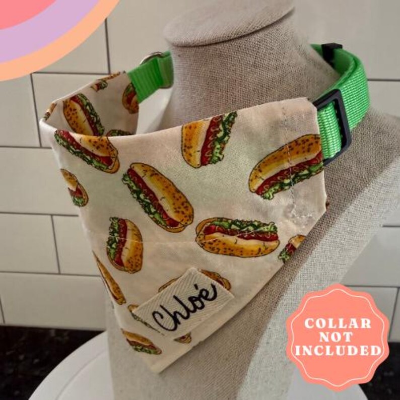 Hot Dog Dog Bandana, Chicago Style Pet Scarf, Funny Food Pet Outfit, Dachshund Lover Gift, Over the Collar Cotton Neckerchief image 3