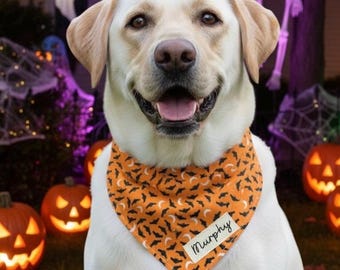 Halloween Dog Bandana, Over the Collar Dog Costume, Orange Bat Moon Pet Scarf, Personalized with Name, Spooky Dog Accessory, Fall Dog Outfit