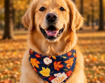 Dog Bandana Apple Print, Back to School Bandana, Reversible Fall Leaves Dog Bandana, Apple Picking Dog Scarf, Personalized Over the Collar