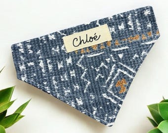 Personalized Dog Bandana, Patina Blue Boho Pet Scarf, Custom Name Over the Collar Bandanna, Modern Denim Puppy Accessory
