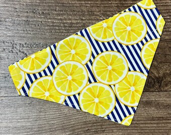 LEMONS with NAVY STRIPES-Dog Bandana- Over the collar style-Lemonade and Summer Vibes