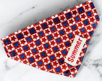 Dog Bandana, Stars Personalized USA 4th of July, Patriotic Flag Style, Over the Collar American Summer Pet Scarf, Red White Blue, Memorial