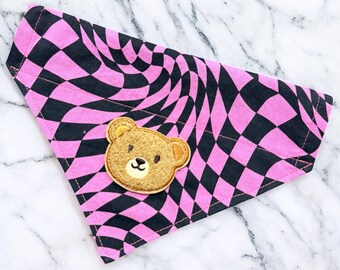 Bear Patch Dog Bandana- Pink Optical Illusion, Checkered Pet Scarf, Over the Collar Style, Fun Funky Fashion