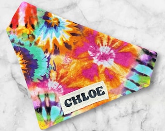 Dog Bandana, Personalized Tie Dye Dog Scarf, Custom Over the Collar Pet Bandanna, Colorful Puppy Accessory with Name