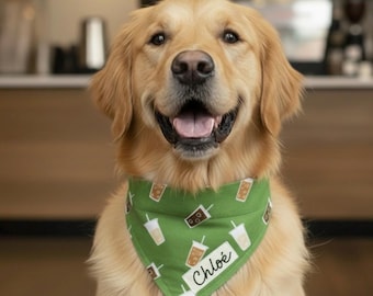 Coffee Dog Bandana, Green Cat Bandana, Iced Coffee Pet Bandana, Over the Collar Scarf, Cute Barista Gift, Pup Cup for Farmer's Market