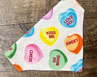 CANDY CONVERSATION HEARTS Dog bandana-Valentine's Day-Over the collar style with red and pink hearts-Quick Ship