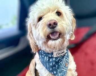 Dog Bandana with Name, Over the Collar Style, Denim Scarf, Boho Pet Neckwear, Blue Neckerchief Bib, Custom Dog Gift, Tribal Print Y2K