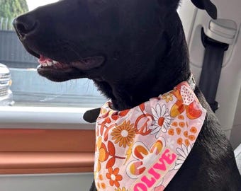 Spring Dog Bandana, Personalized Pink Retro Floral Dog Scarf, Over the Collar Pet Bandanna, Hippie Boho Puppy with Custom Name, Peace Signs