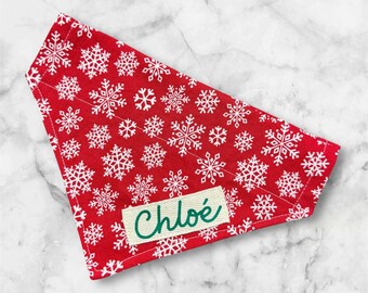Red Snowflake Dog Bandana with Name, Personalized Christmas Pet Bandana, Festive Holiday Dog or Cat Scarf, Custom Gift for Pet Lover