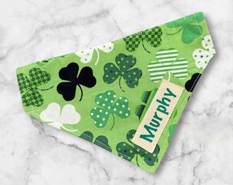 Green Shamrock Dog Bandana for St. Patricks Day, Pet Neck Scarf, Over the Collar Style, St Paddys for the Luck of the Irish Clover, Name Tag