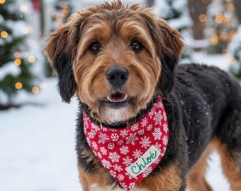 Custom Christmas Gift for Dog, Red Snowflake Pet Bandana with Name, Festive Holiday Dog or Cat Scarf, Personalized Gift for Pet Lover