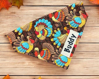 Dog bandana, Thanksgiving turkey print with Name, Personalized over-the-collar fall pet scarf, Custom Hostess Gift for Friendsgiving