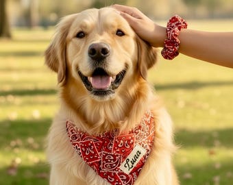 Matching Dog Bandana and Scrunchie, Dog Mom Gift Set, Personalized with Pet Name, Classic Red Paisley, Summer Western or Country Scarf