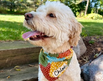 Personalized Fall Dog Bandana, Patchwork Sunflower Pet Scarf, Over the Collar Autumn Dog Outfit, Custom Name Gift for Thanksgiving/Halloween