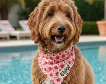 Personalized Dog Bandana, Red Gingham Picnic Style, Over the Collar Plaid Paw Print with Name, Summer 4th of July Check Picnic Scarf