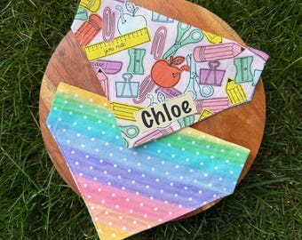 Personalized Back to School Dog Bandana, Teacher Gift Print with Apples and School Supplies, Over the Collar Style, Reversible Pastel Puppy