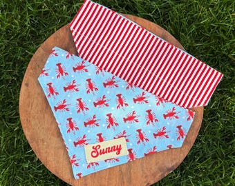 Reversible Personalized Dog Bandana, Red Striped & Blue Lobster Print, Over the Collar Style for Summer Beach, Nautical Preppy Coastal Pets