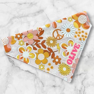 Dog Bandana, Retro Floral Dog Scarf, Personalized Over the Collar Pet Bandana, Hippie 70s Puppy Accessory with Name