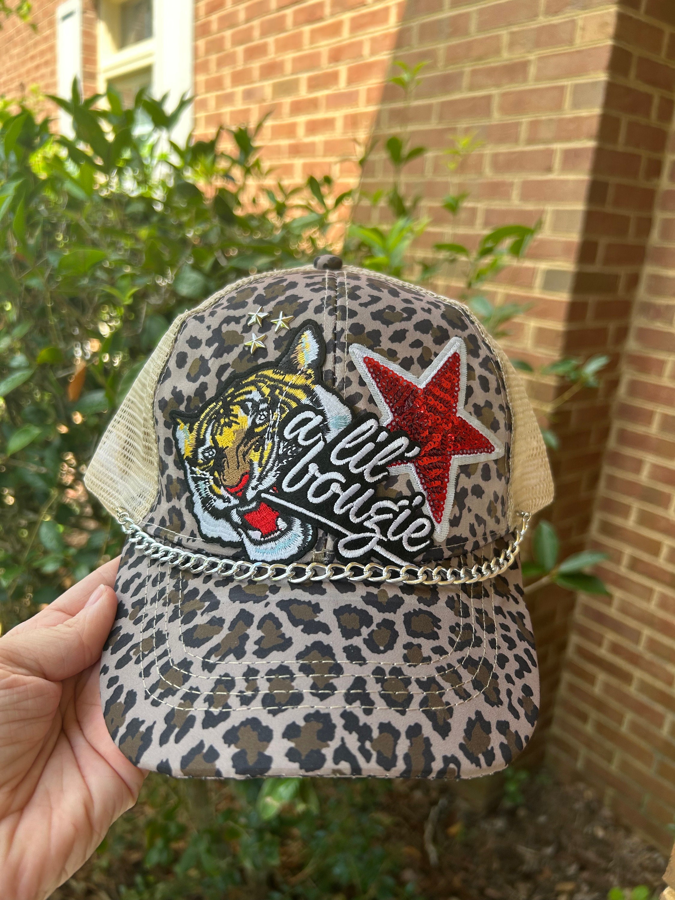 Trucker Hat With Patches. Firm Leopard Print Bill and Front