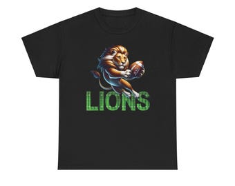 May include: Black t-shirt with a cartoon lion holding a football. The text "LIONS" is printed in green below the lion.