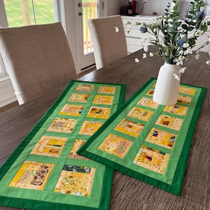 Handmade Patchwork Table Runner, Green & Yellow Quilted Runner, Sunflower Table Decor, Farmhouse Cottage Dining Runner