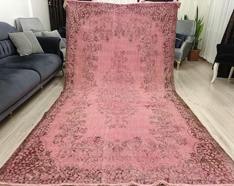 Alfombra teñida con tintes naturales, alfombra turca vintage, alfombra artística rosa, alfombra bohemia hecha a mano, 5,3 x 9,9 pies