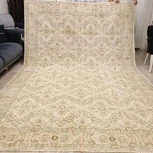 8x10 Vintage Turkish Rug Beige , Large Area Wool Rug Gift , Antique Turkey Art Rug Carpet ,7.5 x 11.2 feet ,