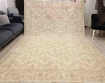 Alfombra turca vintage color beige, alfombra grande de lana (7,5 x 11,2 pies)