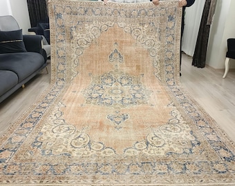 Alfombra turca beige descolorida: alfombra vintage hecha a mano de 7x10, alfombra naranja