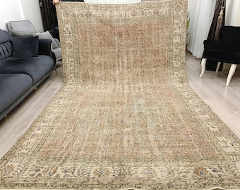 Alfombra turca rosa descolorida: Alfombra vintage hecha a mano de 8x10