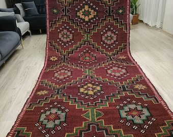 Alfombra turca antigua Kilim vintage, ARTE DECORATIVO HECHO A MANO. Rojo y negro,