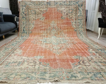 Large Vintage Turkish Wool Rug: Handmade Antique Art Decor, 7.4 x 10.0 ft
