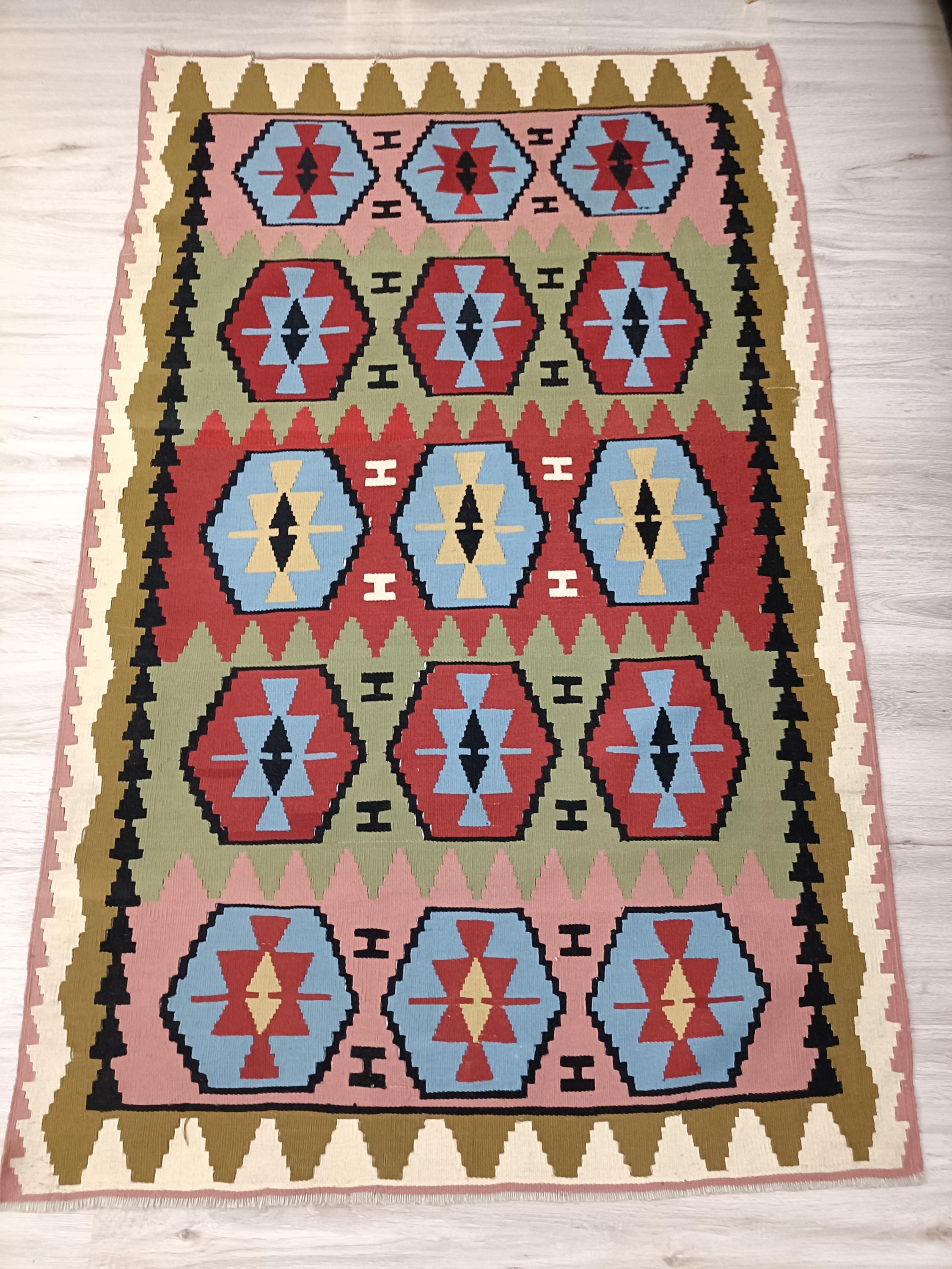 キリム ヴィンテージ トルコ製ハンドメイドラグ 4x7 カラフル