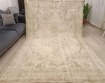 Alfombra turca vintage descolorida de 7x10: alfombra antigua de color claro hecha a mano