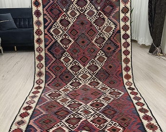 Alfombra Kilim turca vintage de 4x7 pies, alfombra decorativa de lana antigua Kilim HECHA A MANO ///