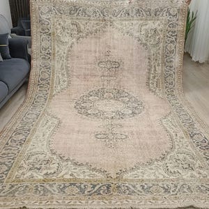 Handmade Pink Turkish Rug: Vintage Wool Carpet, 7x10 ft