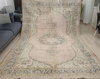 Alfombra turca rosa hecha a mano: alfombra vintage de lana, 2,1 x 3 m