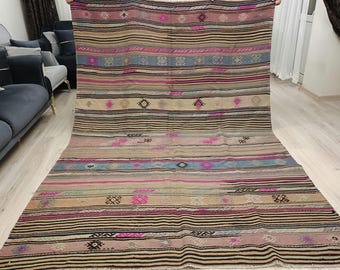 Alfombra turca Kilim vintage, alfombra de lana antigua, alfombra de lana antigua, alfombra pálida descolorida, alfombra tribal nómada en tonos pastel, abstracto ecléctico
