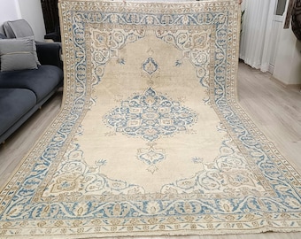 Alfombra turca vintage de lana de 8 x 10 pulgadas: alfombra anatolia beige y azul