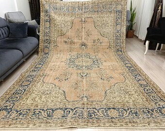 Alfombra grande de color azul y dorado * Alfombra turca antigua vintage de 7 x 11 pies * Alfombra de lana hecha a mano * 335 x 210 cm / KATE