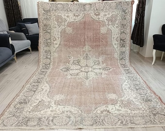 7x10 Vintage Turkish Wool Rug: Pink Antique Art Carpet