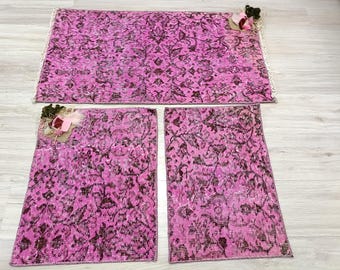 Juego de alfombras de baño turcas vintage: decoración abstracta de lana rosa