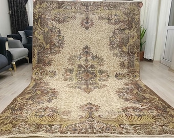 Alfombra vintage de lana anudada, estilo bohemio en tonos pálidos descoloridos (5,7 x 8,5 pies)