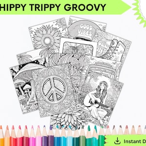 Set of 10 Hippie Trippy Groovy Coloring Pages, Colorful Coloring Pages, Easy Coloring, Groovy Coloring Pages, Printable Coloring